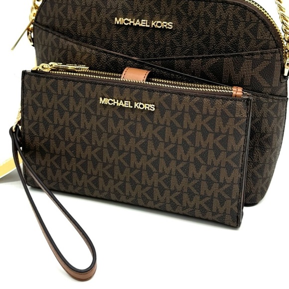 MICHAEL KORS Jet Set Travel Medium Dome Crossbody Bag & Double Zip Wallet Brown - Picture 10 of 13